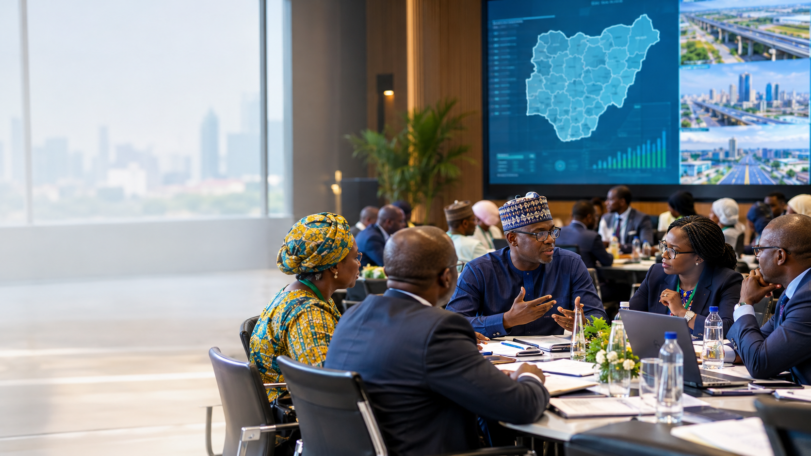 A Nigerian policy roundtable with participants reviewing a development dashboard